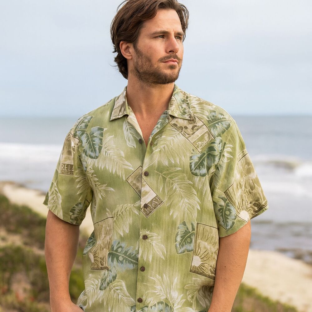 Tommy Bahama Relax Silk Hawaiian Shirt Mens Sz M Green Tropical Beachy Coastal